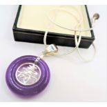 925 Sterling Silver Chinese Character in Circle Purple Jade Pendant Necklace