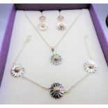 Gold Sterling Silver Daisy Necklace Bracelet & Earrings Set New with Gift Box