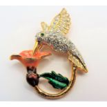 Vintage Gold Plated Enamel & Crystal Humming Bird Brooch