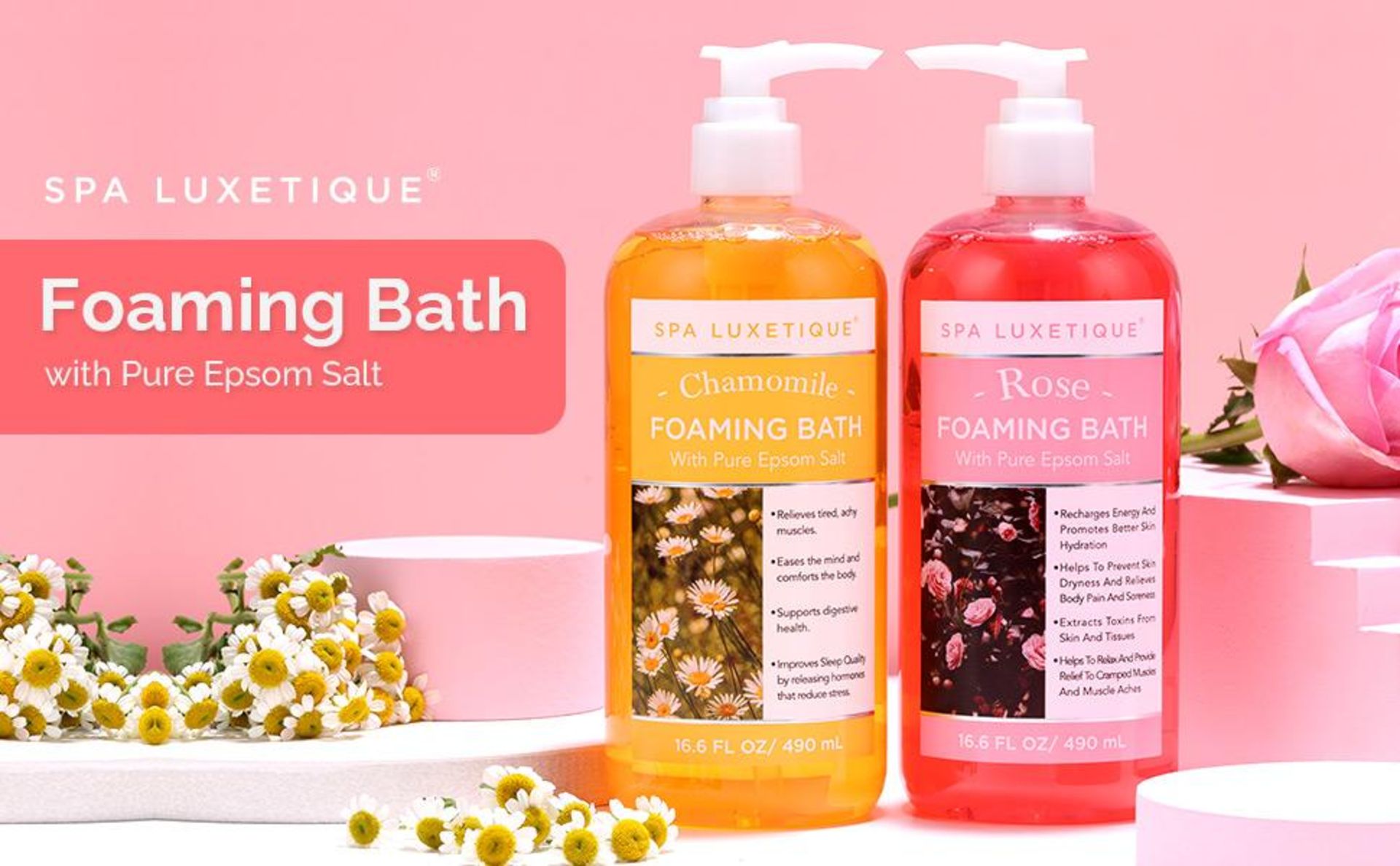 Spa Luxetique New Sealed Sets Of 2 755Ml Rose and Chamomile Foaming Bath