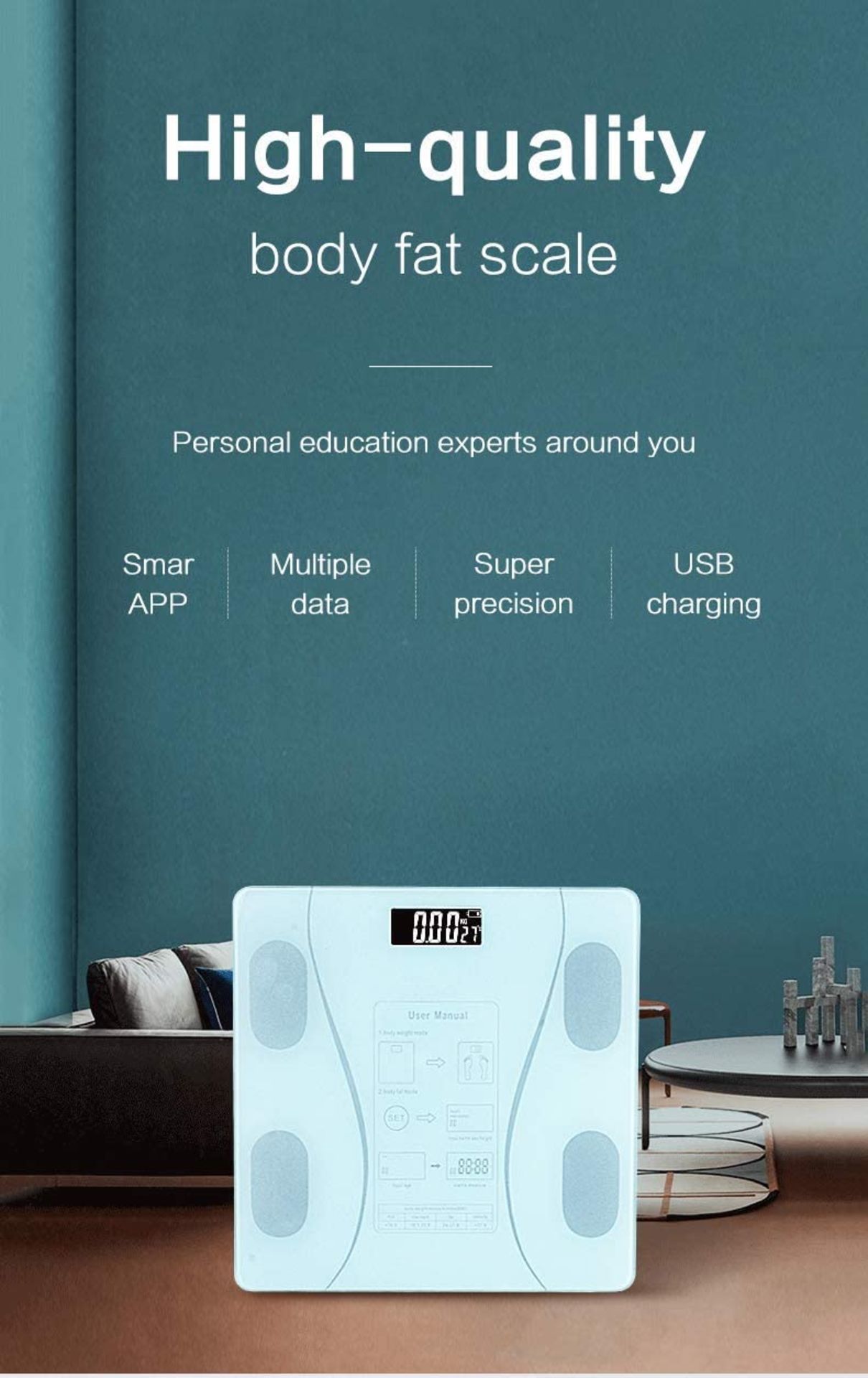 Exeton, Body Weighing Scale, Bluetooth Smart, Body Fat, BMI, 180Kg/396Lbs, USB Rechargeable - Image 3 of 3