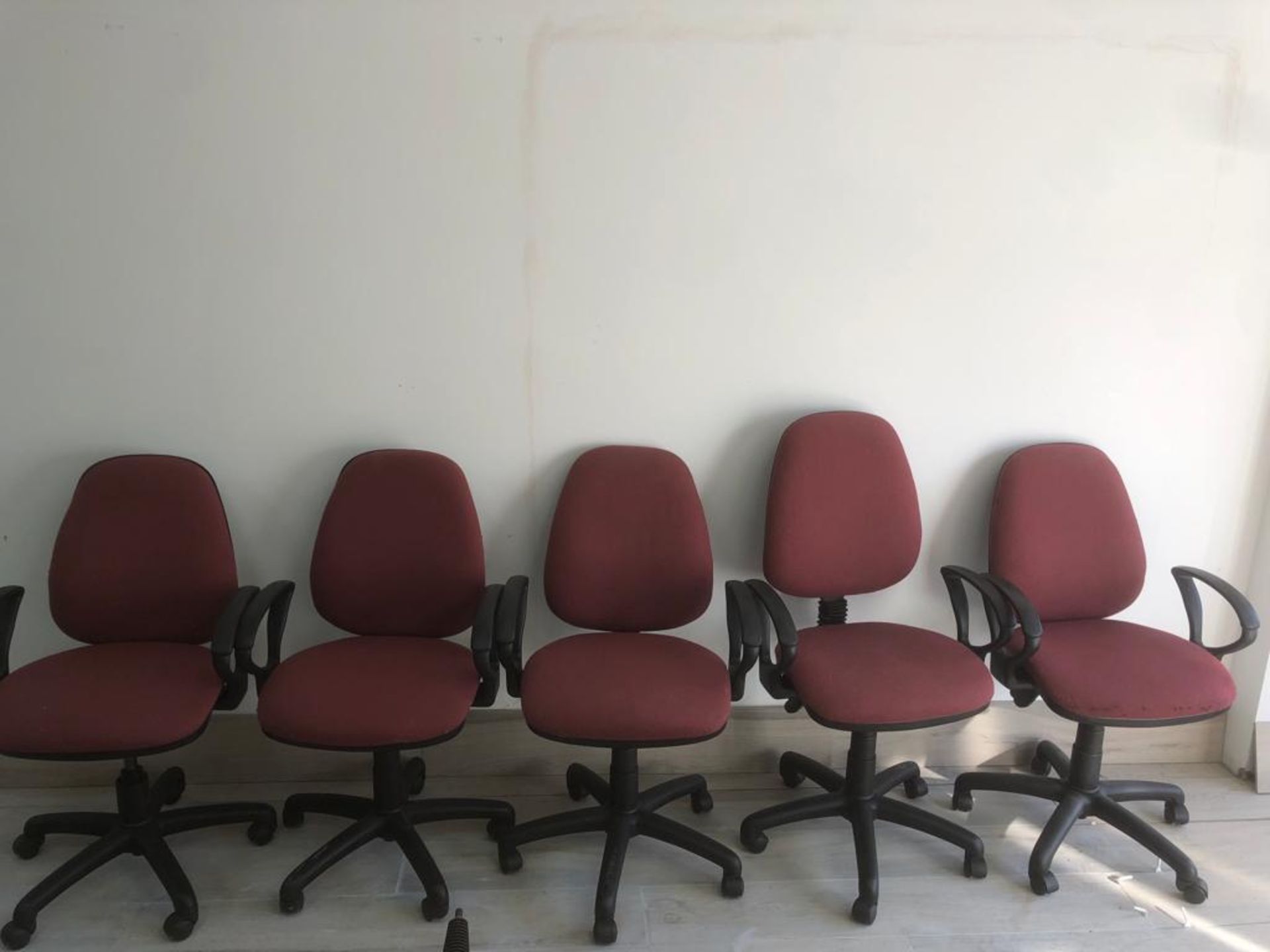 9 Burgundy Fabric Adjustable Office Chairs On - Image 3 of 4