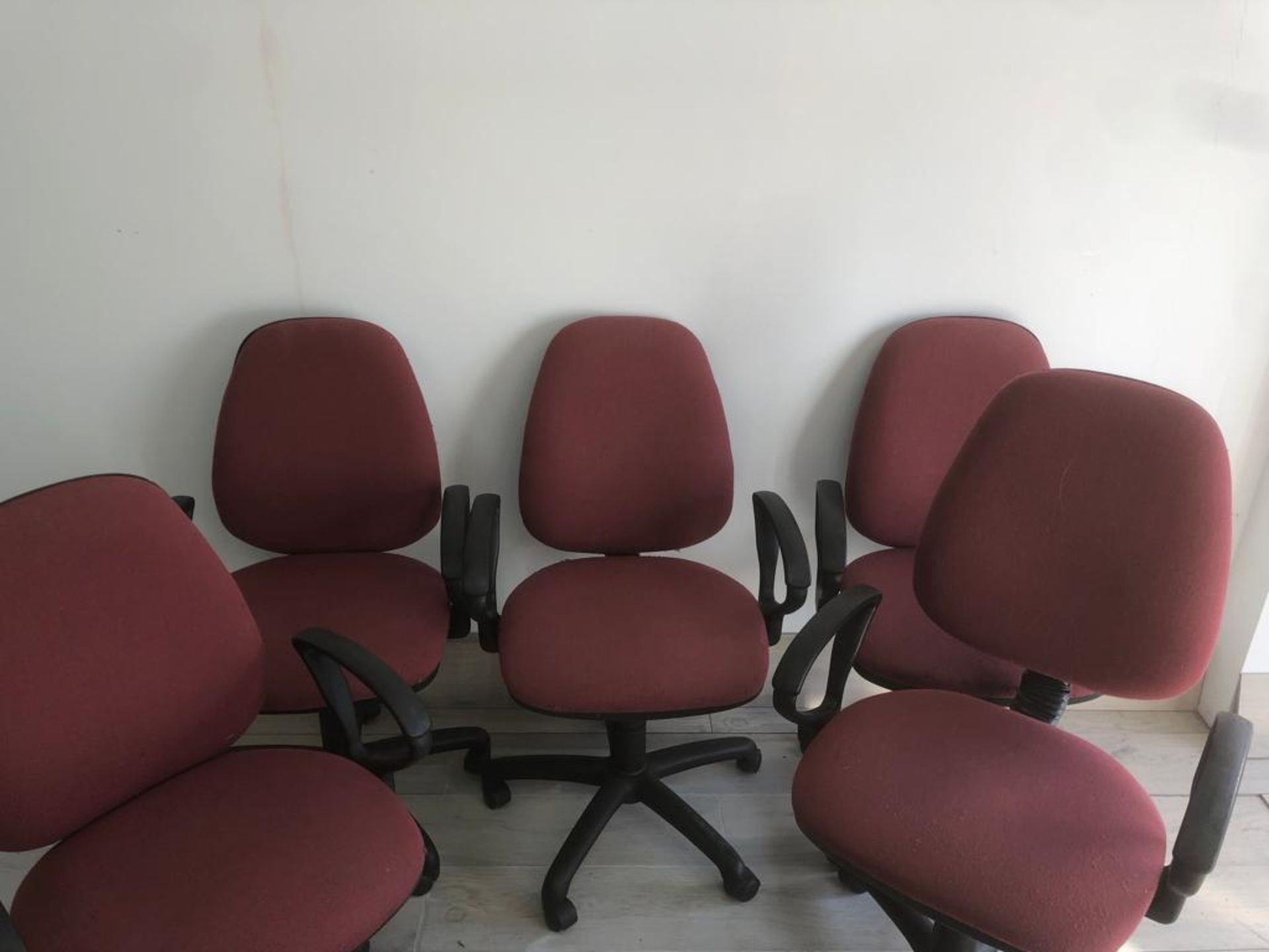 9 Burgundy Fabric Adjustable Office Chairs On - Image 2 of 4