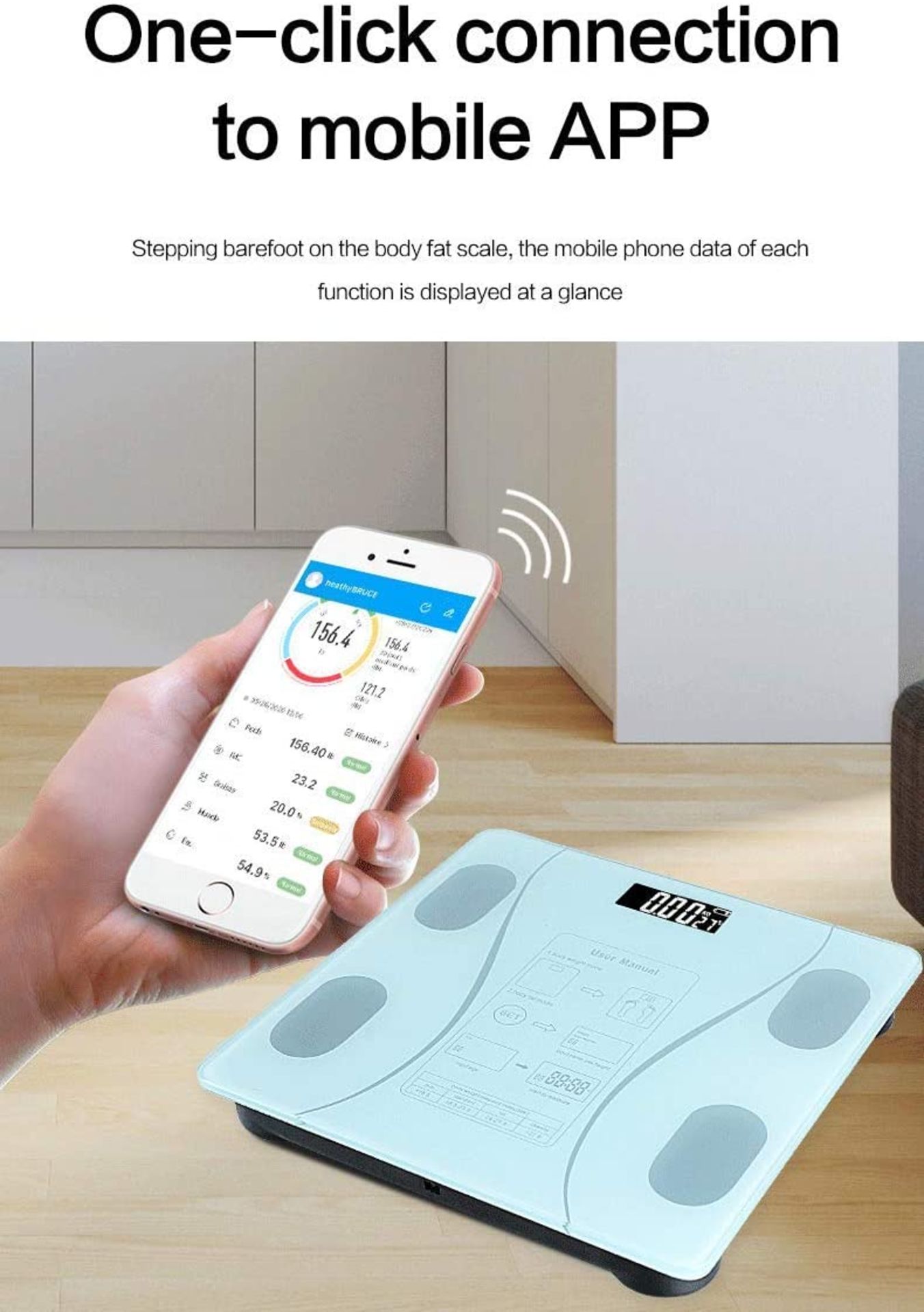 Exeton, Body Weighing Scale, Bluetooth Smart, Body Fat, BMI, 180Kg/396Lbs, USB Rechargeable - Image 8 of 10