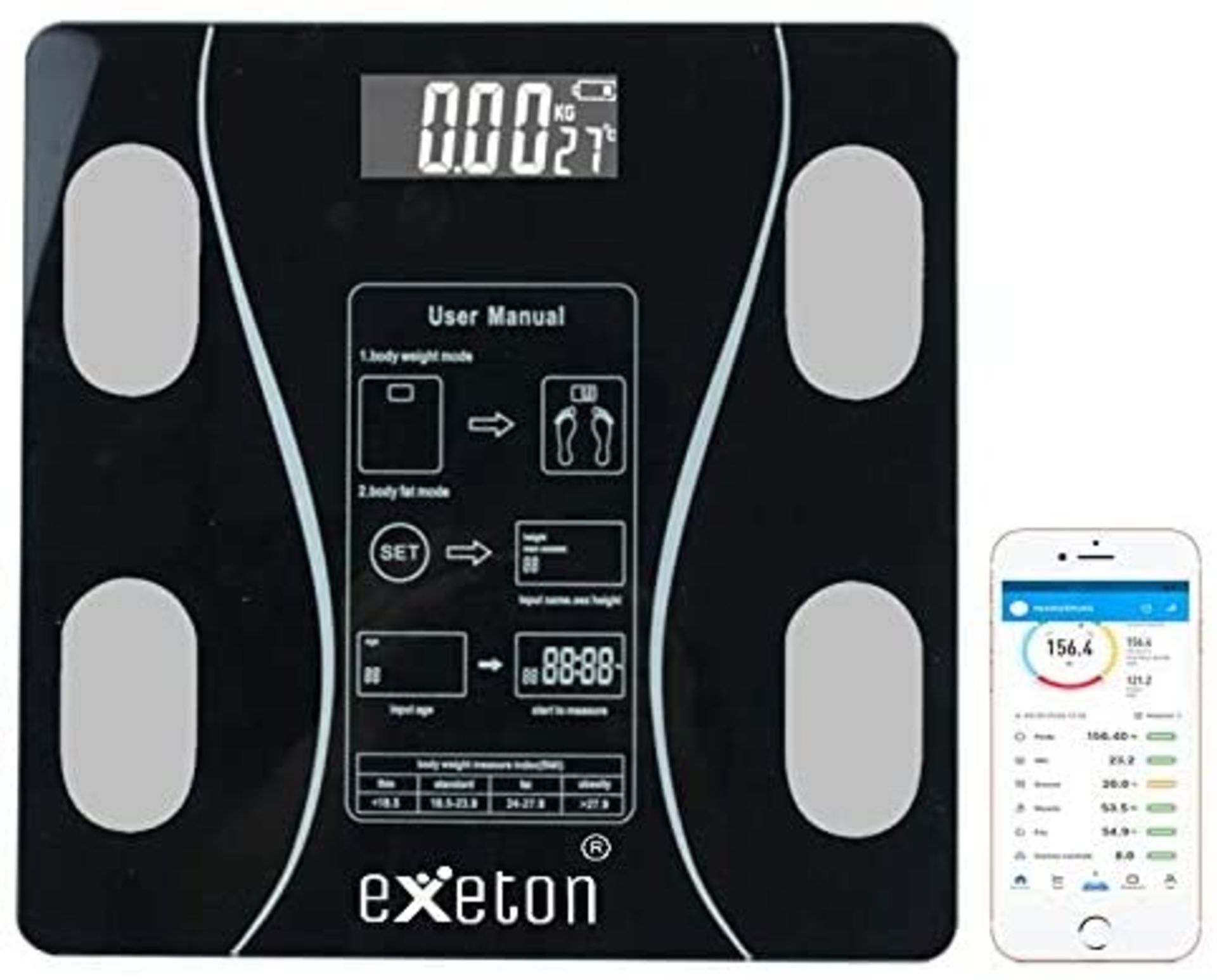 Exeton, Body Weighing Scale, Bluetooth Smart, Body Fat, BMI, 180Kg/396Lbs, USB Rechargeable - Image 4 of 10