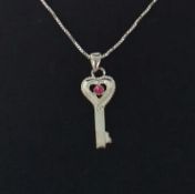 Pink Crystal Heart Key Pendant Necklace 925 Sterling Silver Necklace
