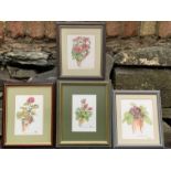 Four Paintings Still Life Of Flowers Watercolour On Board English Signed 20Th C