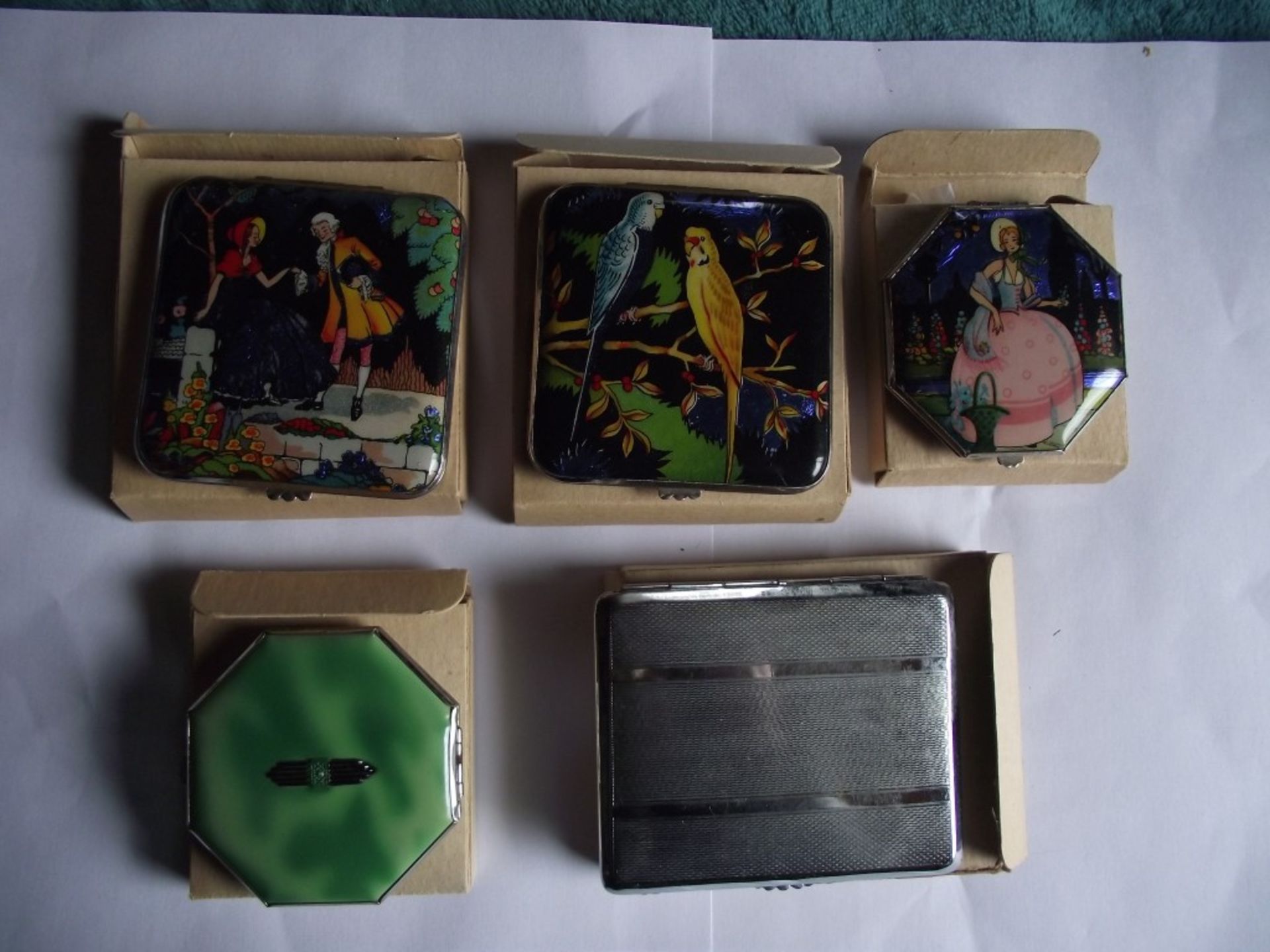 5 X 1930's Gwenda Powder Compacts & Cigarette Case - New Old Stock (unused)- original boxes.