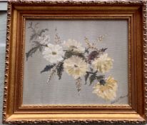 Still Life Of Flowers Oil On Canvas Set In Golded Frame English Signed 20Th C