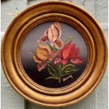 Still Life Of Flowers Oil On Canvas Stunning Round Gilded Frame English Signed 20Th C