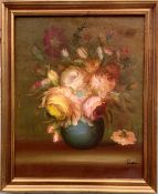Still Life Of Flowers Large Oil On Canvas Set In Golded Frame Signed 20Th C
