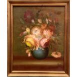 Still Life Of Flowers Large Oil On Canvas Set In Golded Frame Signed 20Th C