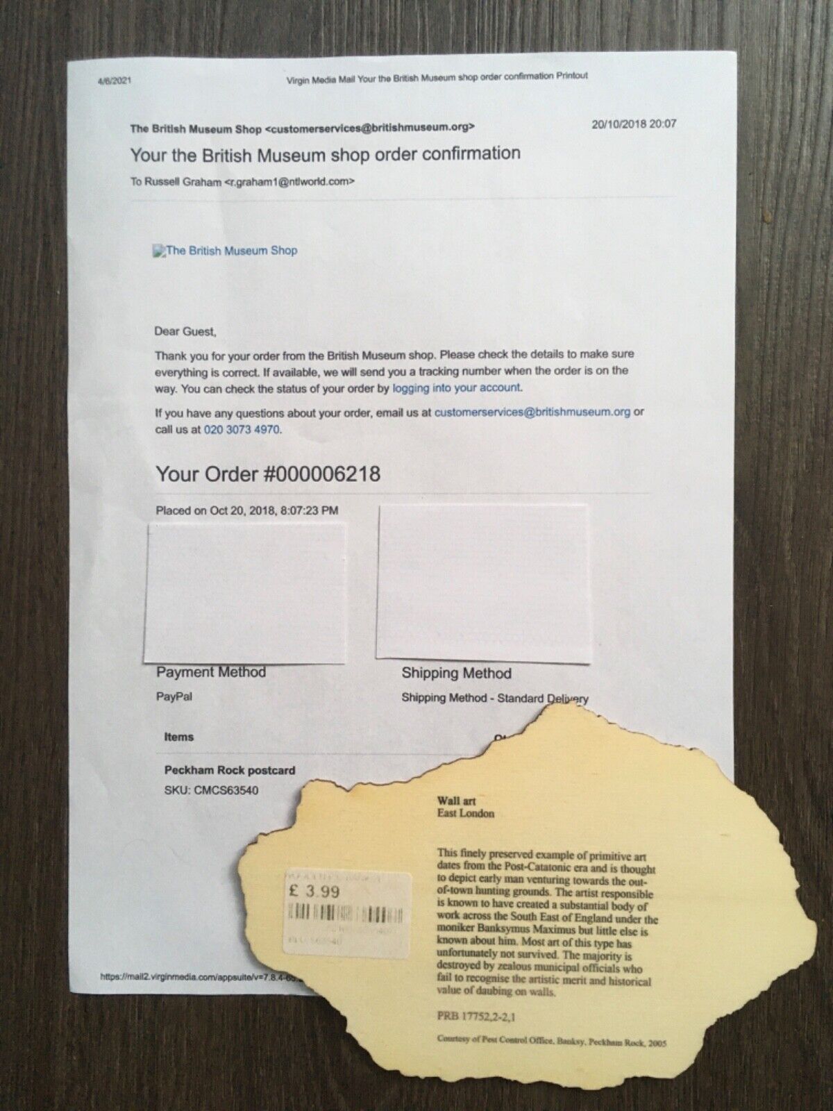Banksy, Peckham Rock, Wooden Postcard from the British Museum with BM COA. - Image 2 of 4
