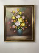 Large Old Still Life Flowers In Vase Oil On Canvas
