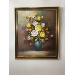 Large Old Still Life Flowers In Vase Oil On Canvas