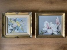 Still Life Pair Flowers Oil On Canvas Set Within Gild Wooden Gilded Frames