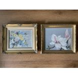 Still Life Pair Flowers Oil On Canvas Set Within Gild Wooden Gilded Frames