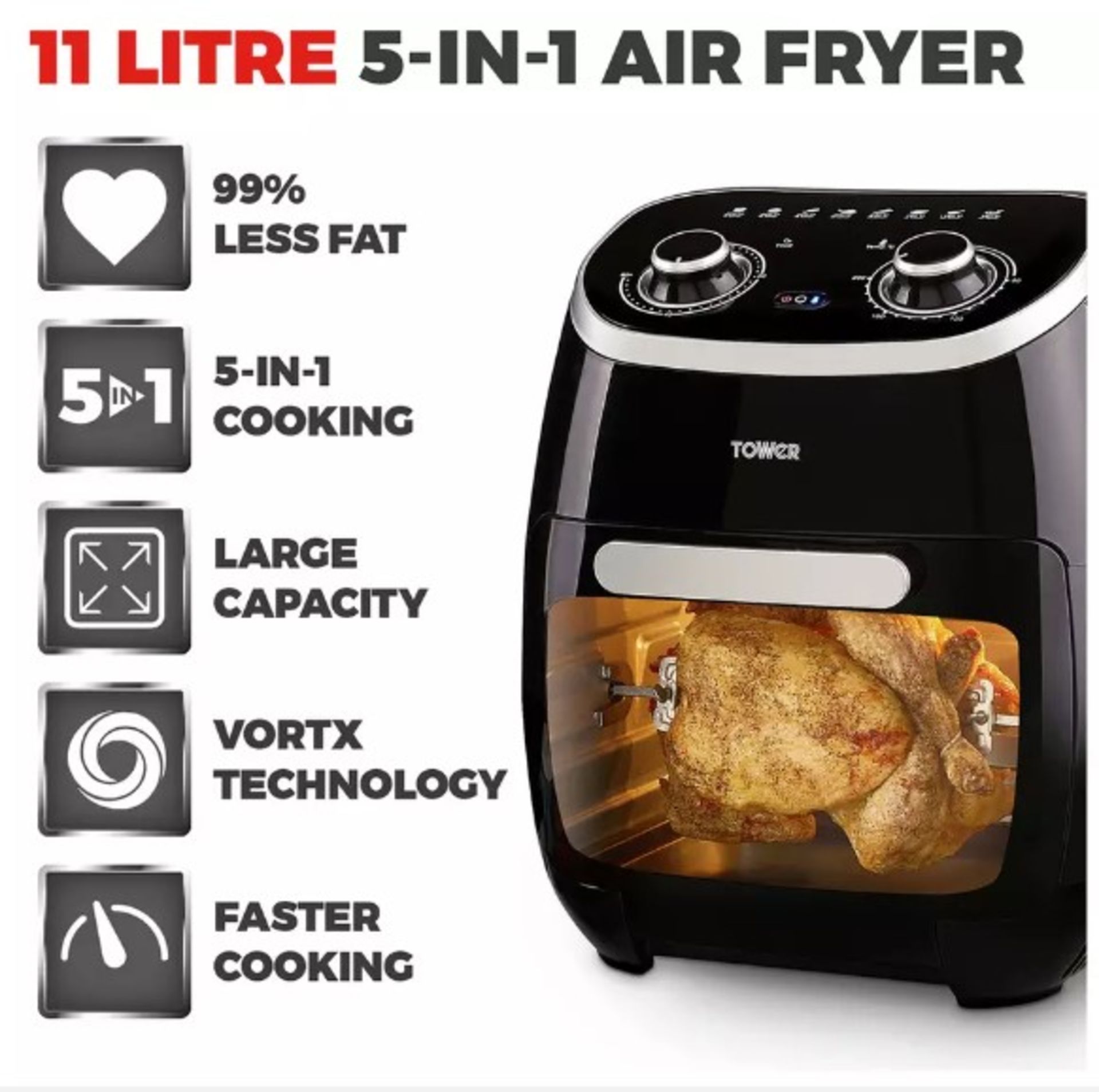 (59/5D) RRP £110. Tower 11 Litre 5 In 1 Air Fryer Oven Black With Rotisserie. - Image 6 of 16