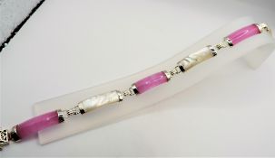 925 Silver Pink Jade & Mother of Pearl Chinese Bracelet c. 1970's