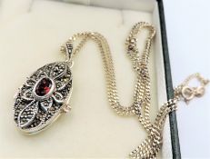 Vintage Sterling Silver Marcasite Garnet Locket