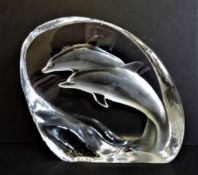 Large Mats Jonasson Crystal Dolphins Sculpture 16cm Wide