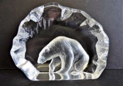 Signed Large Mats Jonasson Crystal Polar Bear in Ice Cave Sculpture 15cm Wide