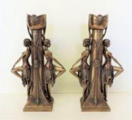 Pair Veronese Art Nouveau Bronze Figural Tea Light Holders 30 cm High