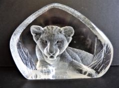 Signed Large Mats Jonasson Crystal Lion Cub 19cm Wide