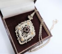 Rococo Style Sterling Silver Pearl & Garnet Pendant Necklace with Gift Box