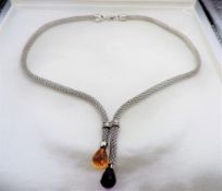 Italian Designer Sterling Silver Amethyst & Citrine Necklace New with Gift Box