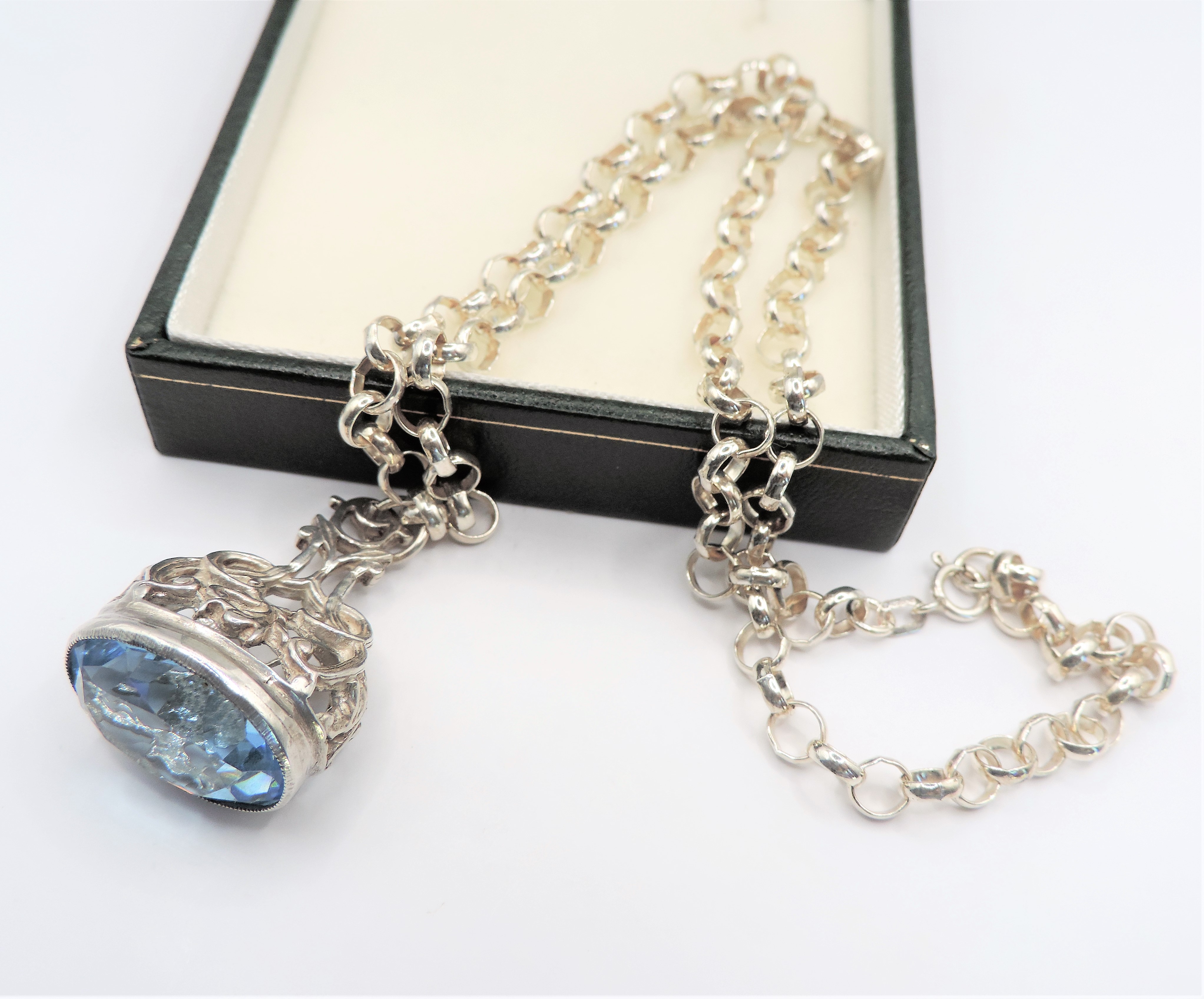Vintage Sterling Silver Blue Topaz Fob Pendant on Belcher Chain