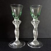 Pair French Bayel Crystal Nude Figural Stem Liqueur Glasses