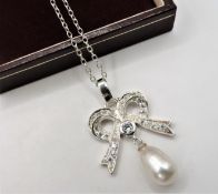 Sterling Silver Cubic Zirconia & Cultured Pearl Pendant Necklace New with Gift Pouch