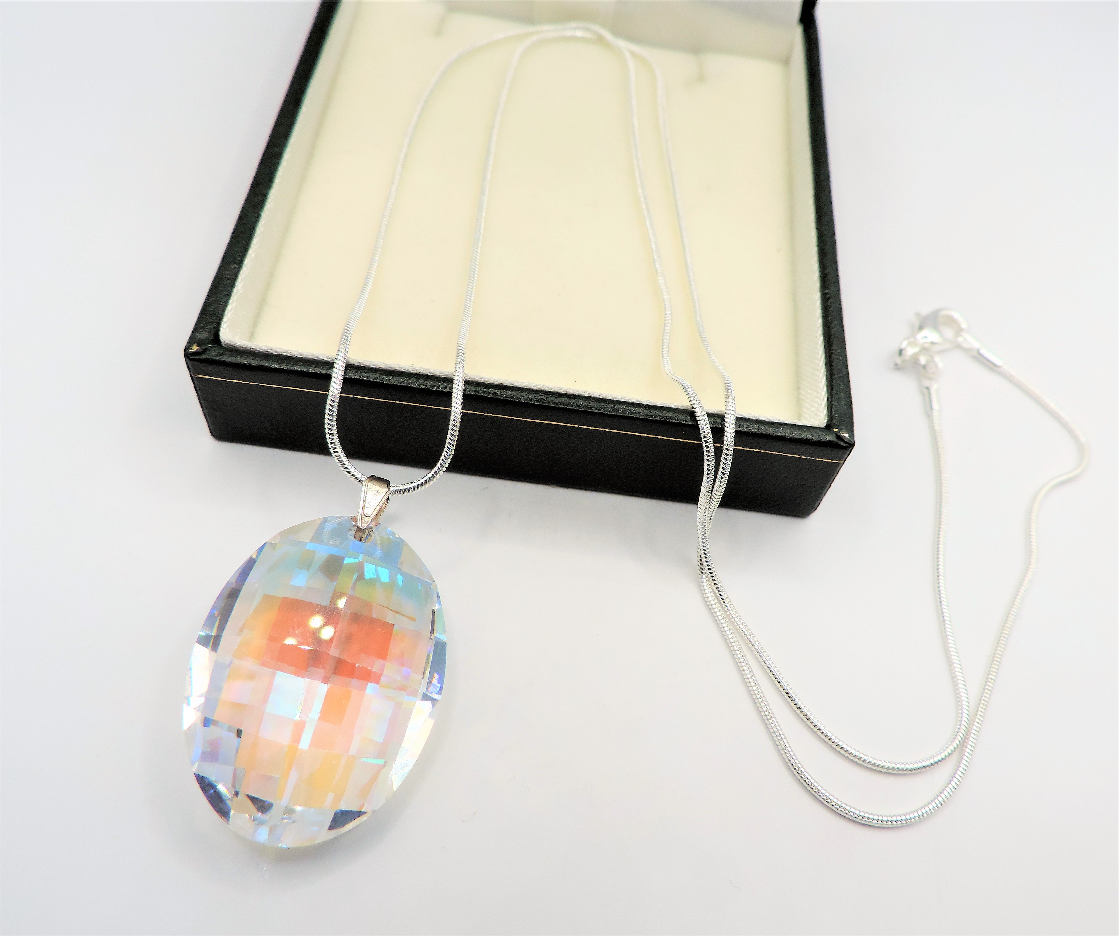 Large Aurora Borealis Facet Cut Sterling Silver Pendant Necklace New with Gift Pouch