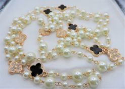 60 inch Opera Length Pearl Enamel Crystal Charm Necklace