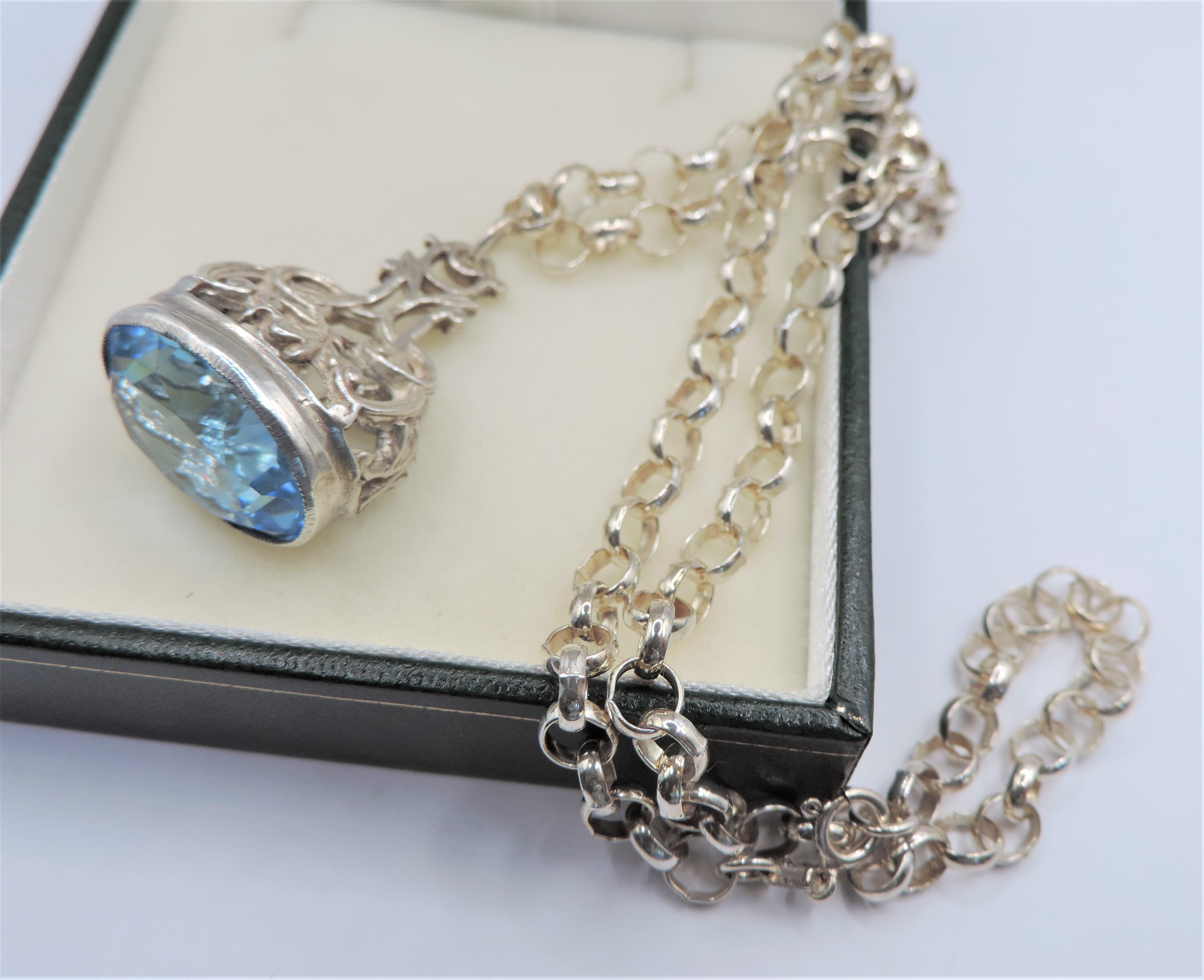 Vintage Sterling Silver Blue Topaz Fob Pendant on Belcher Chain - Image 3 of 4