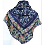 Blue Floral Designer Silk Scarf 85cm Square Hand Rolled