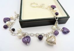 Sterling Silver Cultured Pearl & Amethyst Bead Charm Bracelet with Gift Box