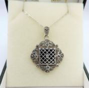 Vintage Sterling Silver Marcasite & Jet Pendant Necklace