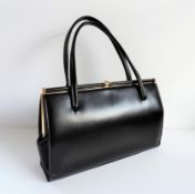 Ackery London Vintage 1950's Black Leather Handbag with Buff Suede Lining