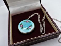 Antique Guilloche Enamel Sterling Silver Locket Pendant Necklace with Gift Box