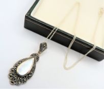 Sterling Silver Mother of Pearl Marcasite Pendant Necklace with Gift Pouch