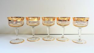 Set 5 Venetian 24k Gold Accented Wine/Liqueur/Port Glasses circa 1960's