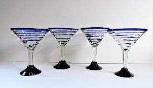 Set 4 Hand Blown Cocktail Glasses with Applied Blue Glass Decoration 18cm High