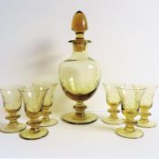 Antique Edwardian Hand Etched Glass Decanter and Liqueur Glasses