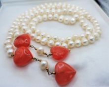 44 inch Opera Length Cultured Pearl & Peach Jade Necklace