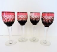 Circa 1930's Set 4 Ruby Red French Hand Cut Crystal Wine Glasses