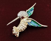 Vintage Crystal and Enamel Humming Bird Brooch