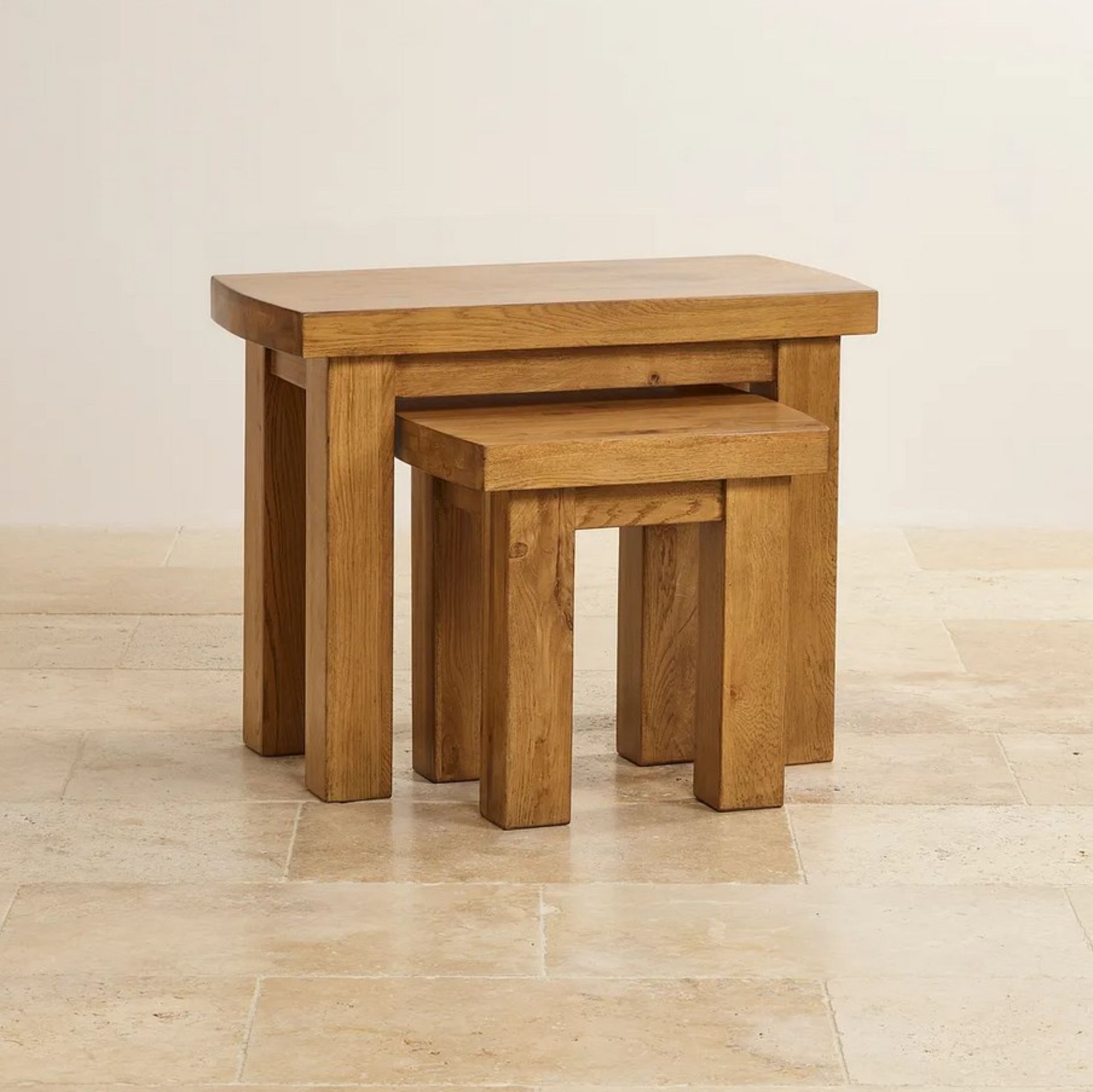 (21/Mez) RRP £349.99. Hercules Rustic Solid Oak Nest Of Tables. Dimensions: (H63x W81x D41cm). (A...