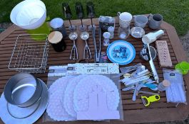 Various New Kitchen Items - Cake Stands, Cutlery, Glass Champagne Flutes, Mugs, Salt & Pepper + M...